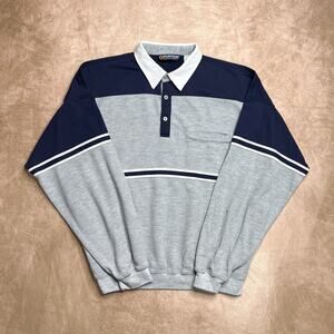Vintage 90s Puritan Striped Rugby Sweatshirt Color Block Long Sleeve Gray Navy